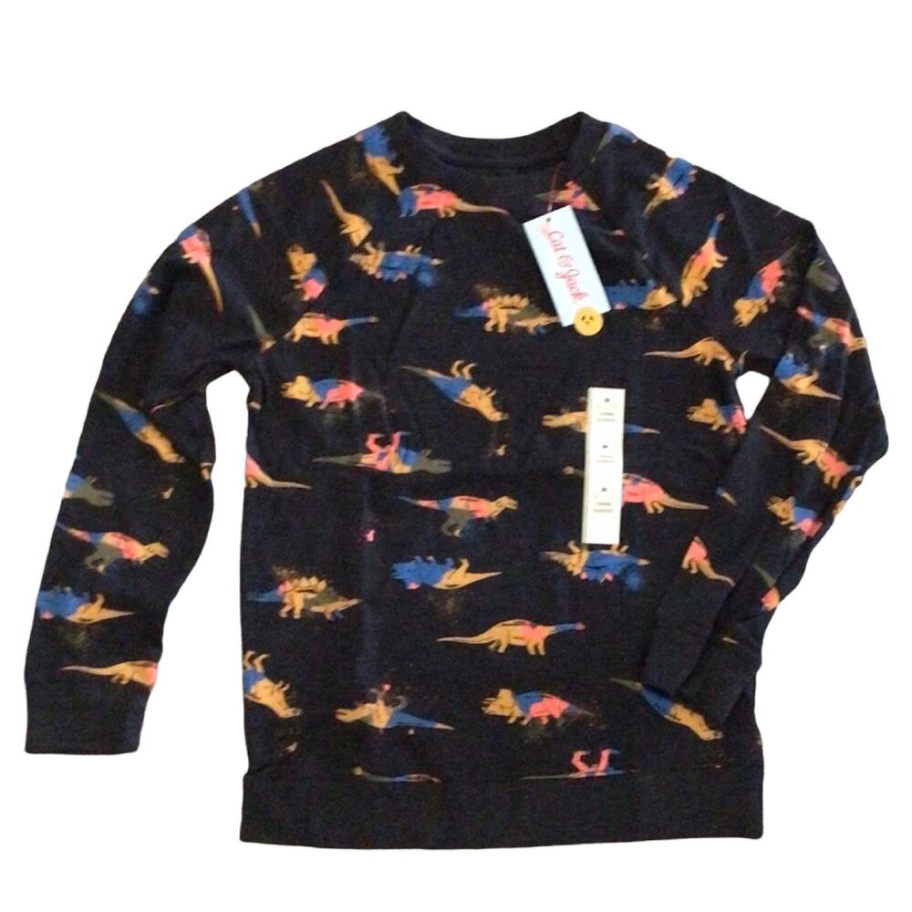 Boys Dino Print Shirt 8/10 Medium Dinosaurs Long Sleeve Black Blue Cat Jack New
